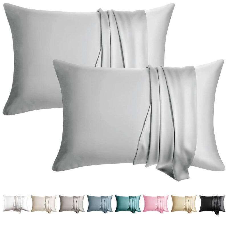 WLOSJ 100% Silk Pillowcase for Hair and Skin Toddler Size 2 Pack Mulberry Silk Pillow Case 14 x 19 Inches Highest 6A Silk Kids/Travel Pillow Cover Soft Breathable Cooling Hidden Zipper, Light Grey - Image 1